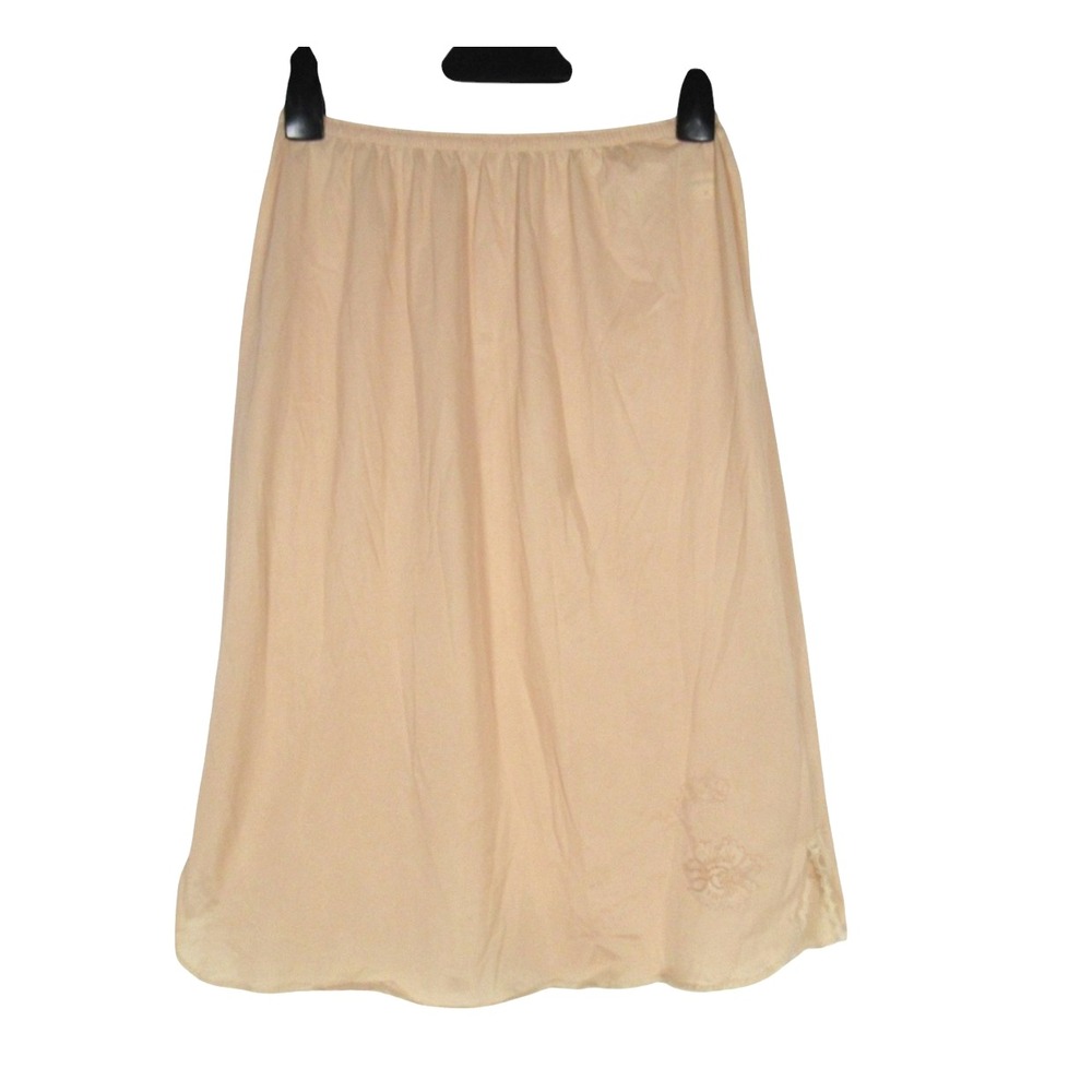 VTG KAYSER Beige Nylon FLORAL LACE EMBROIDERED Side Slit A-LINE HALF SLIP Sz M